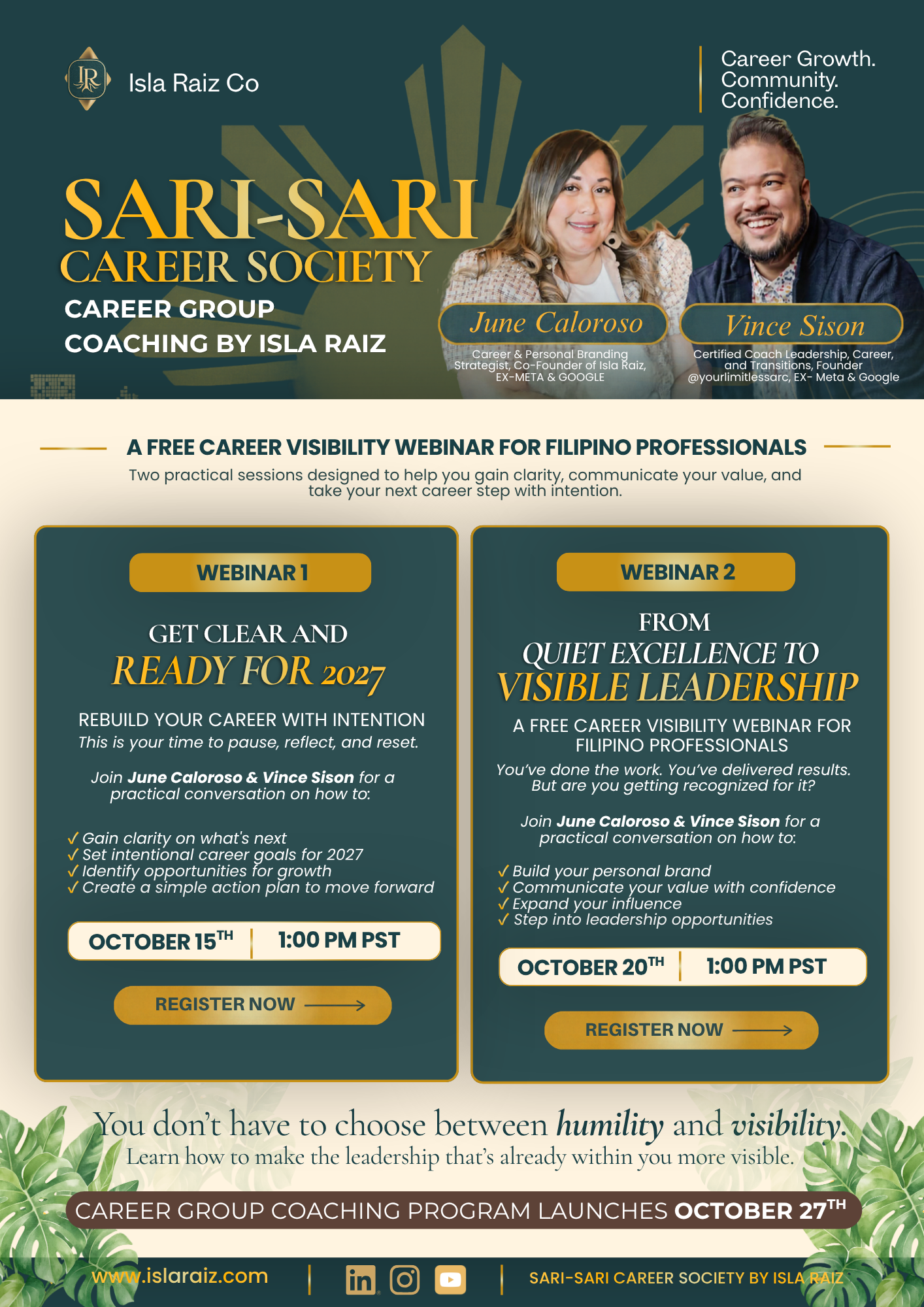 Free career visibility webinar flyer for Filipino professionals, with both October sessions hosted by June Caloroso and Vince Sison